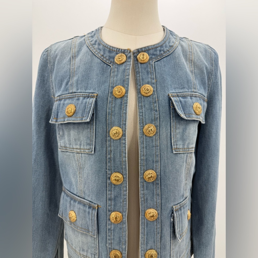 Ma Cherie Light Wash Denim Jacket with Gold Crest Buttons Chic Military Style - Picture 12 of 15